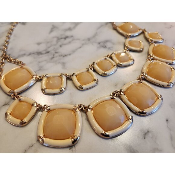 Susan Graver Statement Necklace Double Layer Beige & Gold Tone Geometric Design - Picture 2 of 4